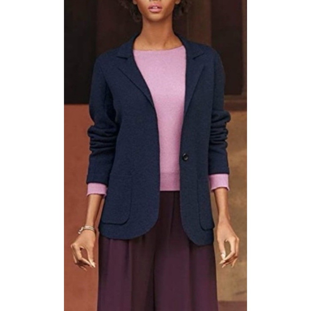 Eileen Fisher Blue Washable Merino Wool Notch Collar Knit Blazer Career Preppy M - Picture 2 of 11